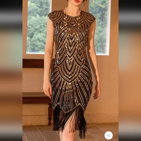 1920s Great Gatsby Flapper Plus Size Sequin Fringe Cap Sleeve Dress Vintage 2X - Picture 3 of 15